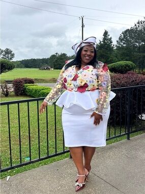 White Peplum Pencil Skirt with Floral Overlay Top